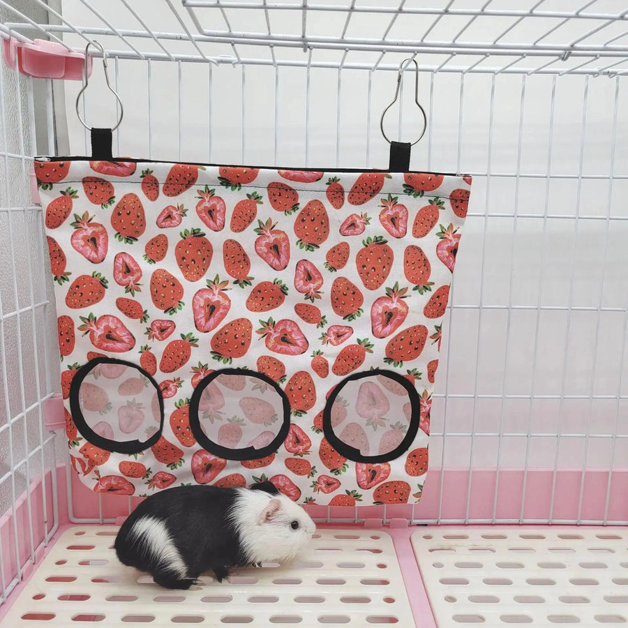 Guinea Pigs 2/3 Holes Hay Feeding Bags Strawberry Printed Rabbit Hanging Feeder Chinchilla Food Organizer Pet Cage Supplies - Trusted Pet Products