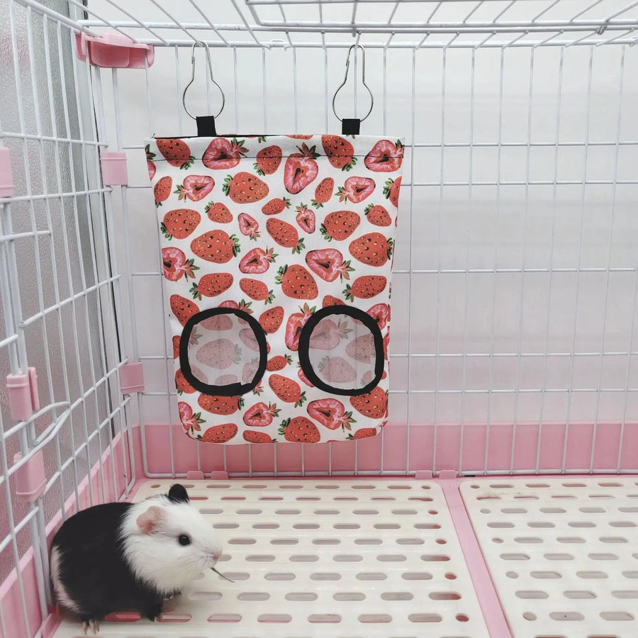 Guinea Pigs 2/3 Holes Hay Feeding Bags Strawberry Printed Rabbit Hanging Feeder Chinchilla Food Organizer Pet Cage Supplies - Trusted Pet Products