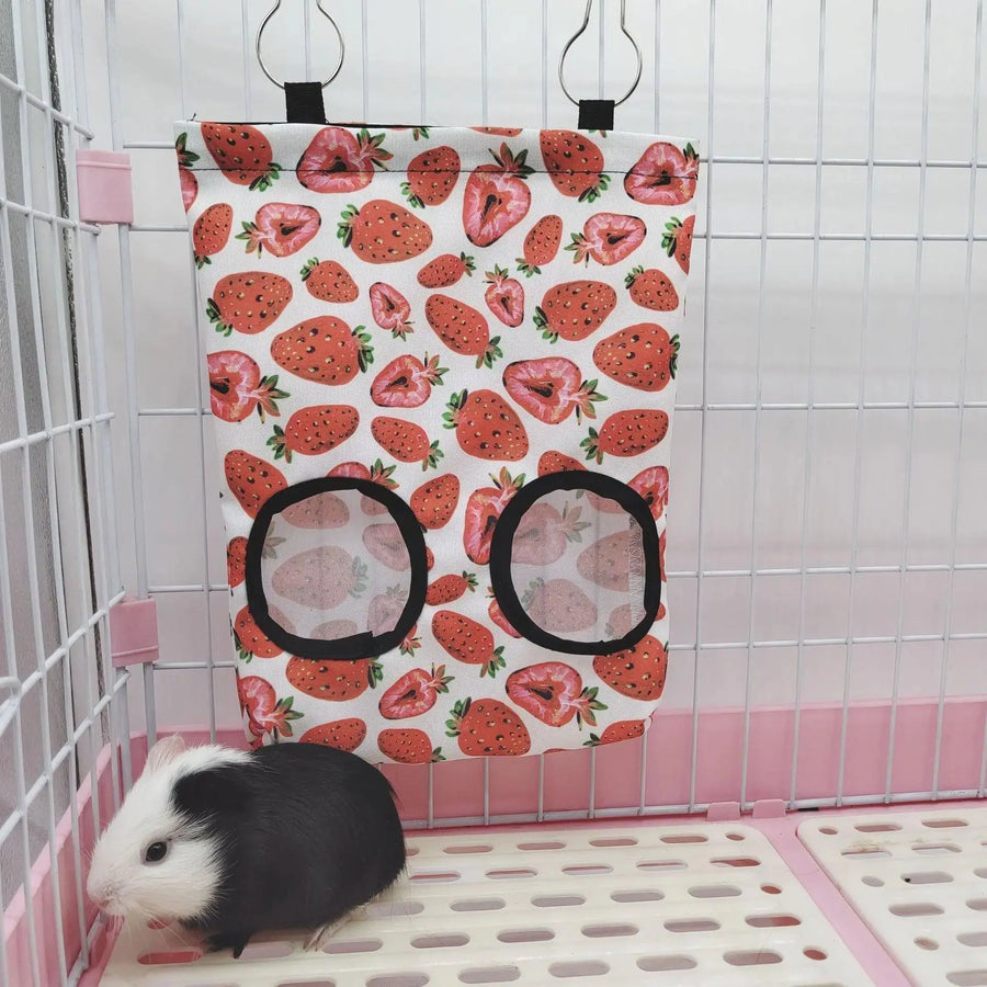 Guinea Pigs 2/3 Holes Hay Feeding Bags Strawberry Printed Rabbit Hanging Feeder Chinchilla Food Organizer Pet Cage Supplies - Trusted Pet Products