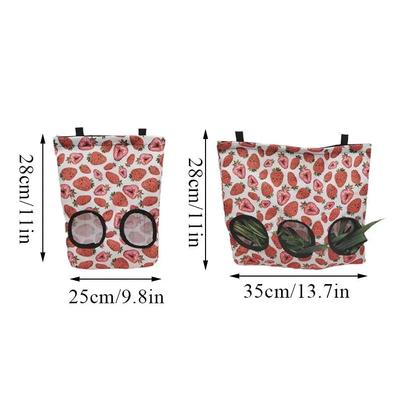 Guinea Pigs 2/3 Holes Hay Feeding Bags Strawberry Printed Rabbit Hanging Feeder Chinchilla Food Organizer Pet Cage Supplies - Trusted Pet Products