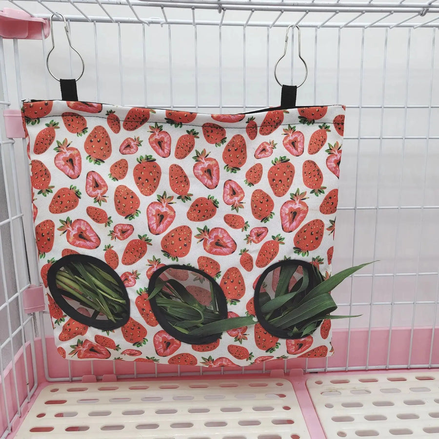 Guinea Pigs 2/3 Holes Hay Feeding Bags Strawberry Printed Rabbit Hanging Feeder Chinchilla Food Organizer Pet Cage Supplies - Trusted Pet Products