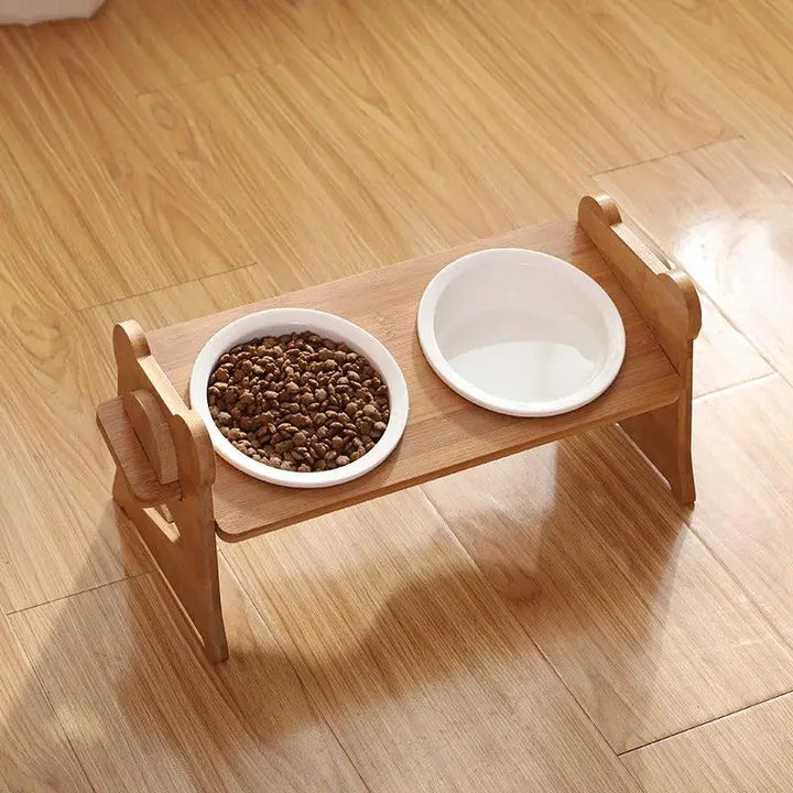 Cute Pets Double Bowl Dog Cat Food Water Feeder Stand Raised Ceramic Dish Bowl Wooden Table Pet Supplies - Trusted Pet Products