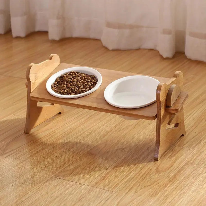 Cute Pets Double Bowl Dog Cat Food Water Feeder Stand Raised Ceramic Dish Bowl Wooden Table Pet Supplies - Trusted Pet Products