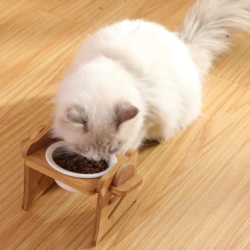 Cute Pets Double Bowl Dog Cat Food Water Feeder Stand Raised Ceramic Dish Bowl Wooden Table Pet Supplies - Trusted Pet Products