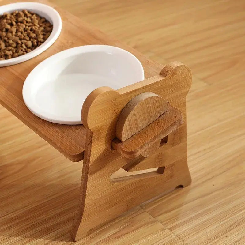 Cute Pets Double Bowl Dog Cat Food Water Feeder Stand Raised Ceramic Dish Bowl Wooden Table Pet Supplies - Trusted Pet Products