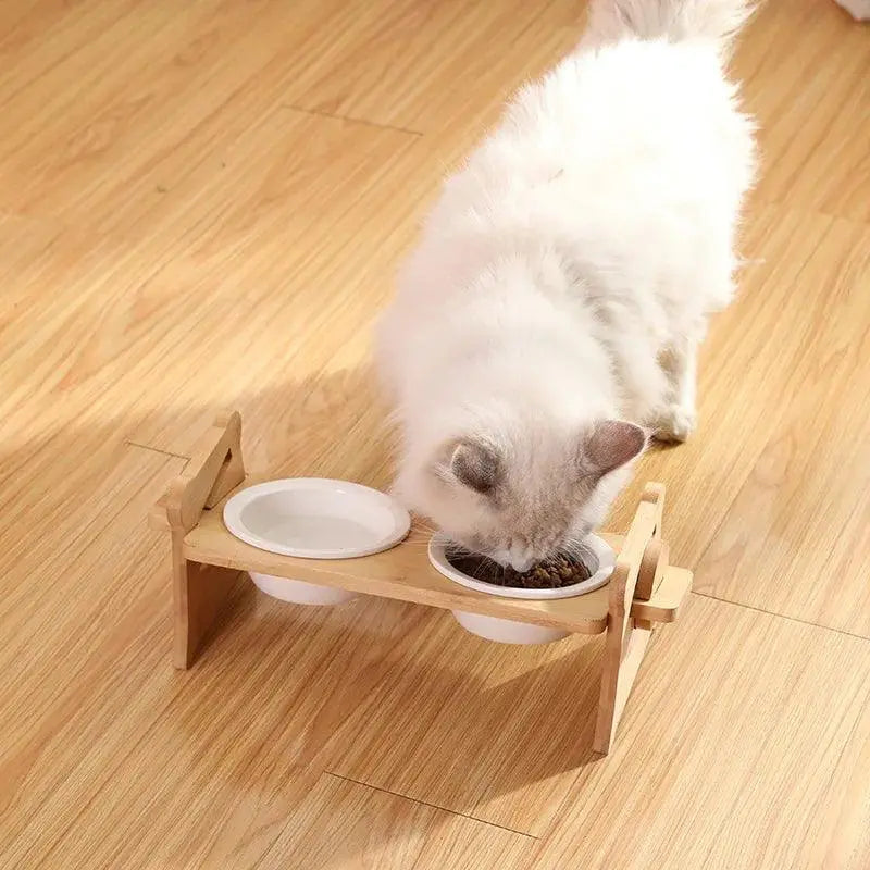 Cute Pets Double Bowl Dog Cat Food Water Feeder Stand Raised Ceramic Dish Bowl Wooden Table Pet Supplies - Trusted Pet Products