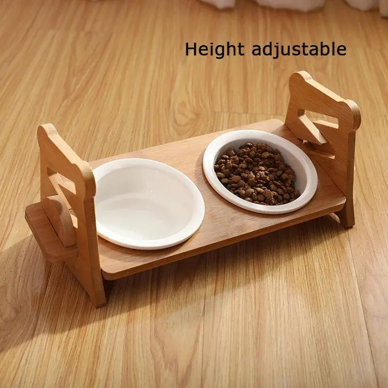 Cute Pets Double Bowl Dog Cat Food Water Feeder Stand Raised Ceramic Dish Bowl Wooden Table Pet Supplies - Trusted Pet Products