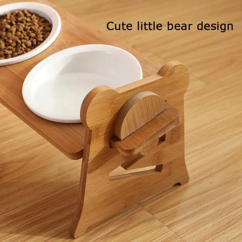 Cute Pets Double Bowl Dog Cat Food Water Feeder Stand Raised Ceramic Dish Bowl Wooden Table Pet Supplies - Trusted Pet Products