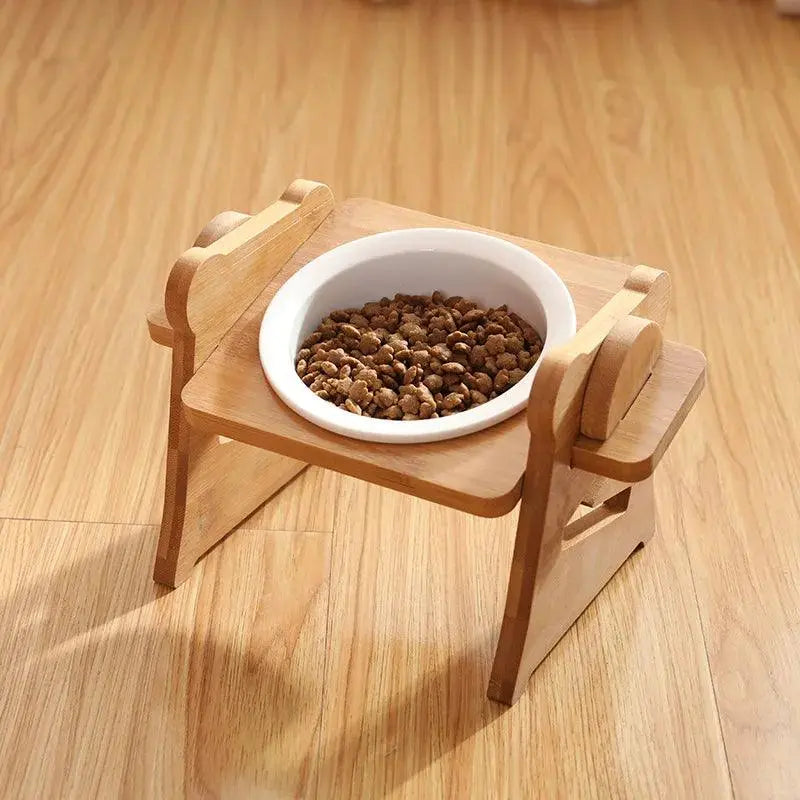 Cute Pets Double Bowl Dog Cat Food Water Feeder Stand Raised Ceramic Dish Bowl Wooden Table Pet Supplies - Trusted Pet Products