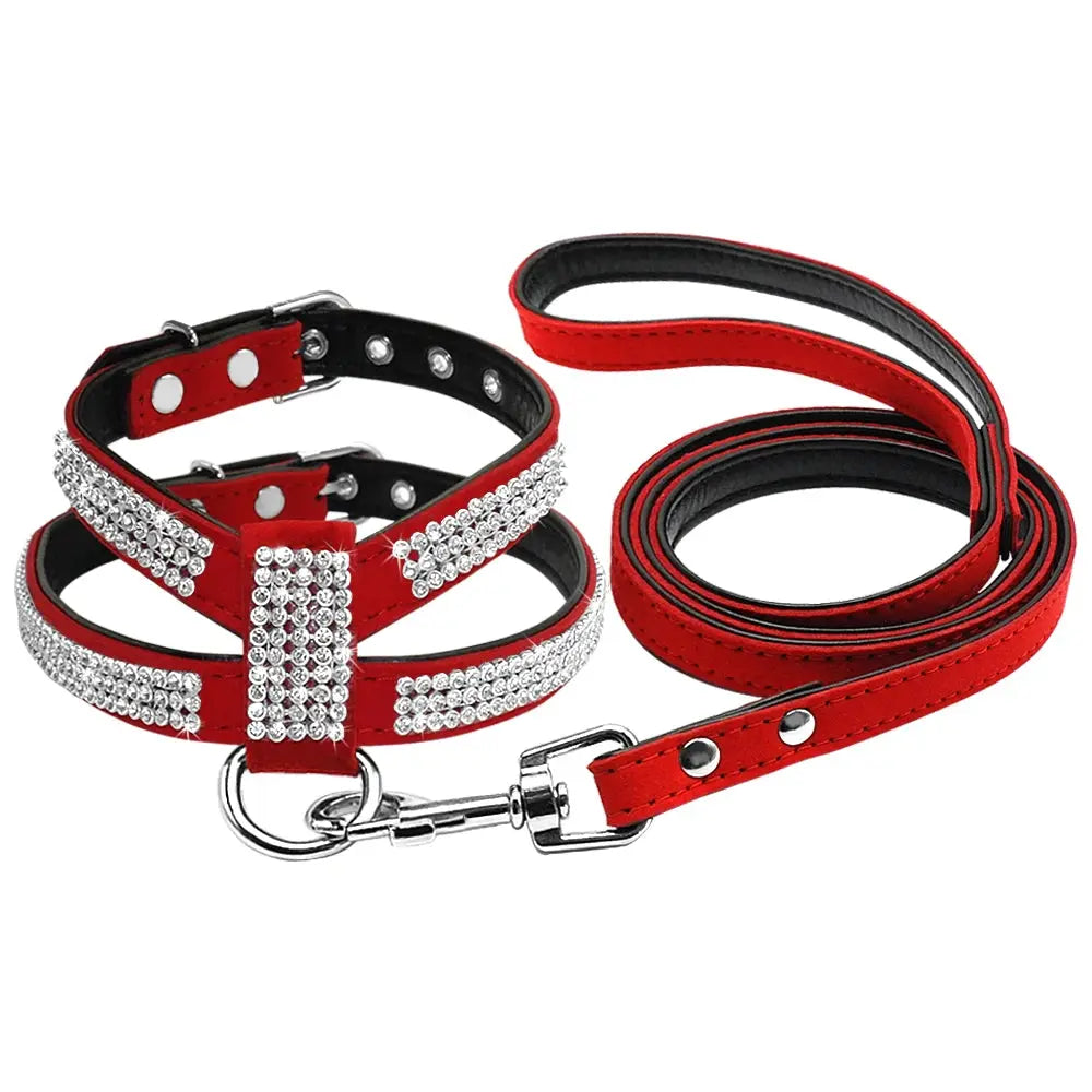 Didog Small Dog Harness And Leash set Suede Leather Rhinestone Pet Harnesses and Walking Leads For Small Medium Dogs Chihuahua - Trusted Pet Products