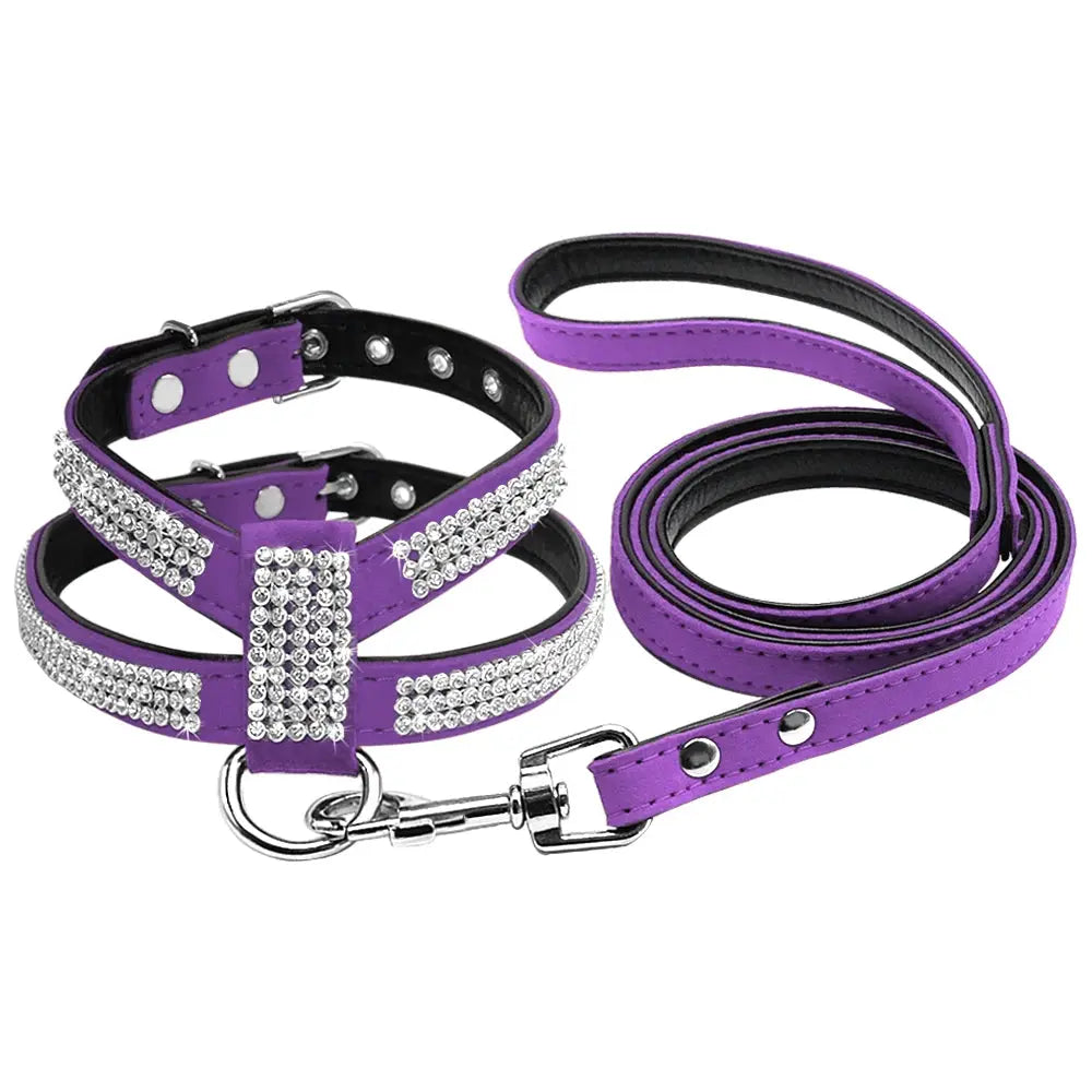 Didog Small Dog Harness And Leash set Suede Leather Rhinestone Pet Harnesses and Walking Leads For Small Medium Dogs Chihuahua - Trusted Pet Products