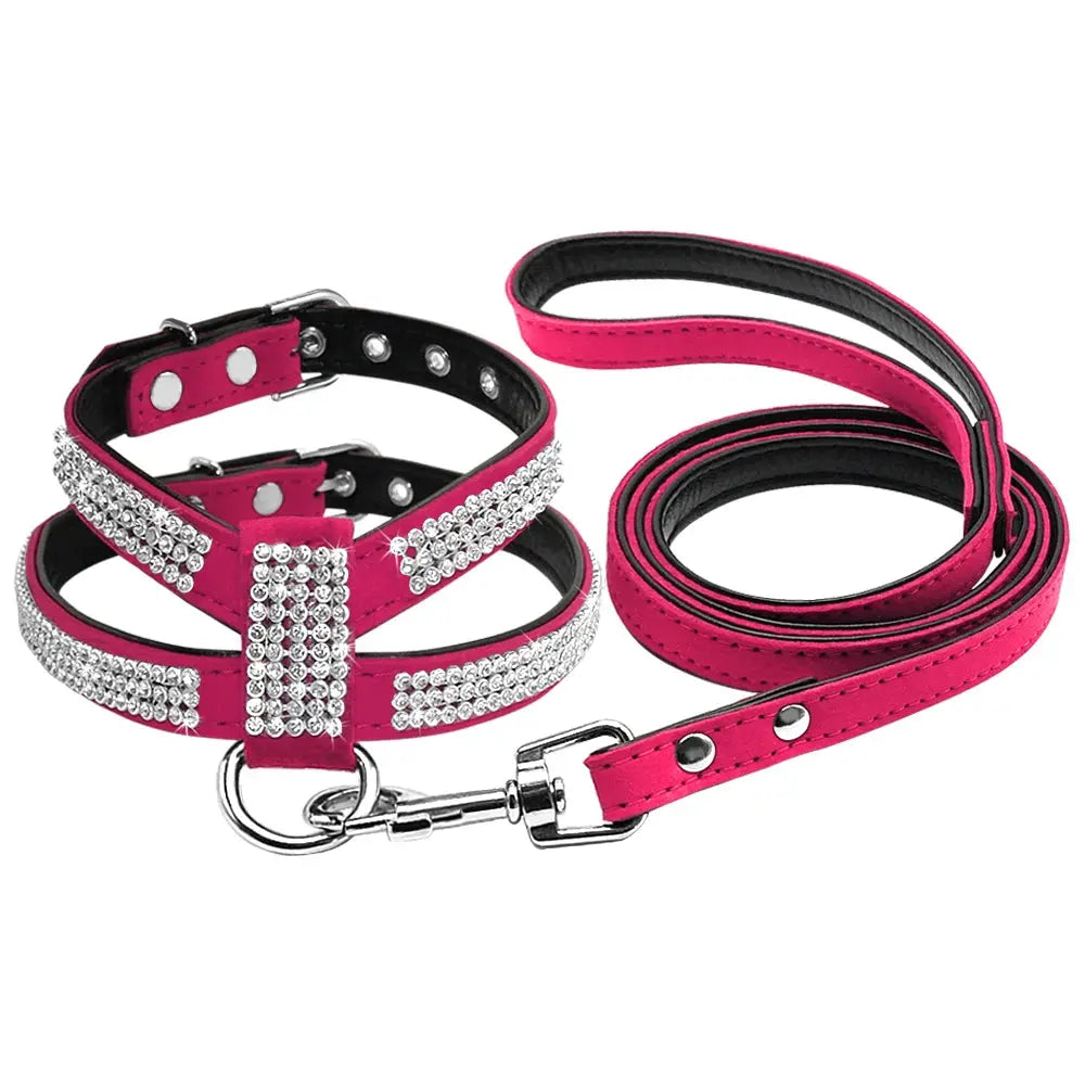 Didog Small Dog Harness And Leash set Suede Leather Rhinestone Pet Harnesses and Walking Leads For Small Medium Dogs Chihuahua - Trusted Pet Products