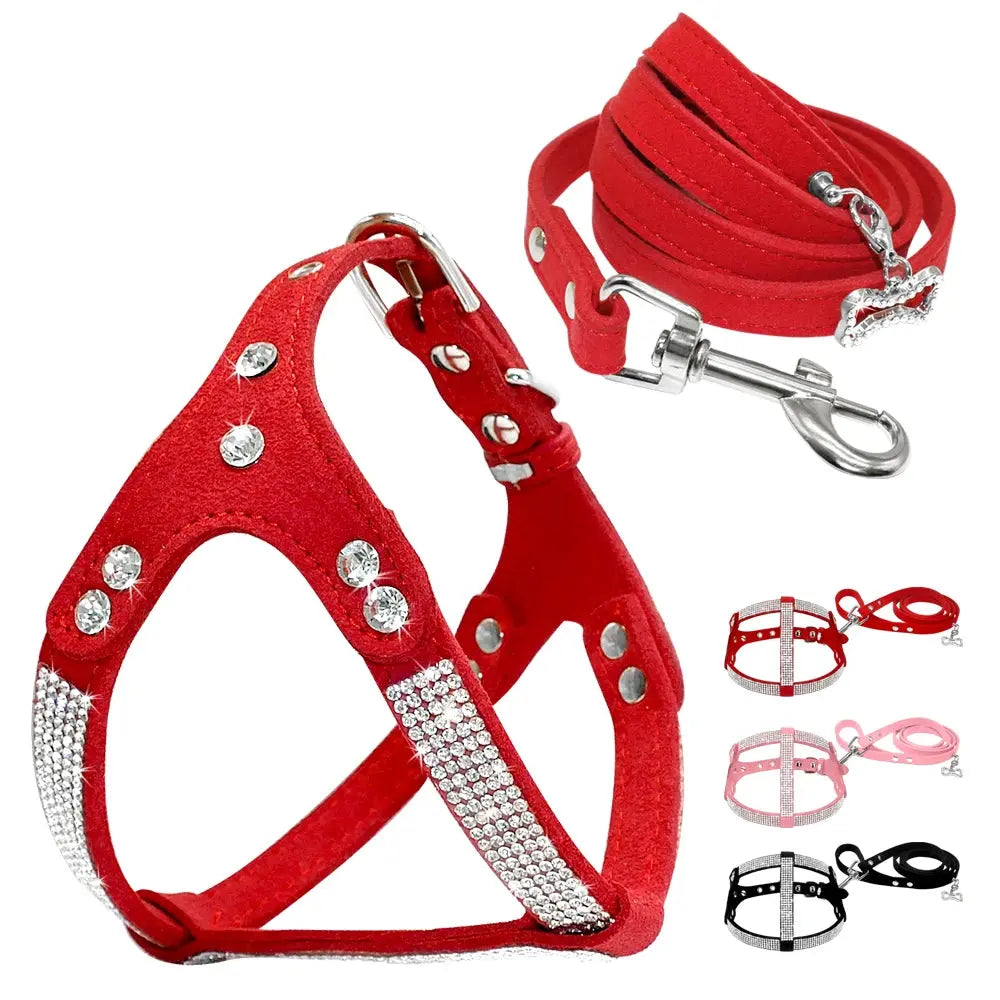 Didog Small Dog Harness And Leash set Suede Leather Rhinestone Pet Harnesses and Walking Leads For Small Medium Dogs Chihuahua - Trusted Pet Products