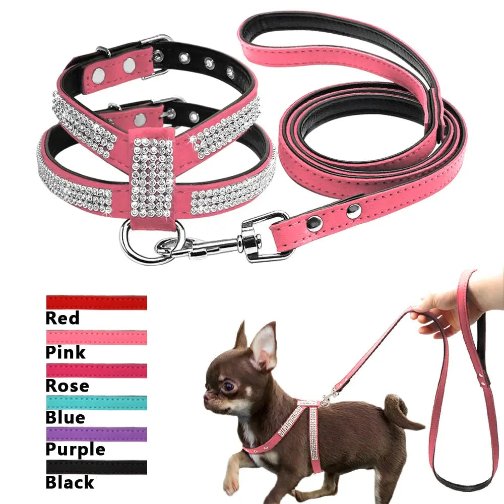 Didog Small Dog Harness And Leash set Suede Leather Rhinestone Pet Harnesses and Walking Leads For Small Medium Dogs Chihuahua - Trusted Pet Products