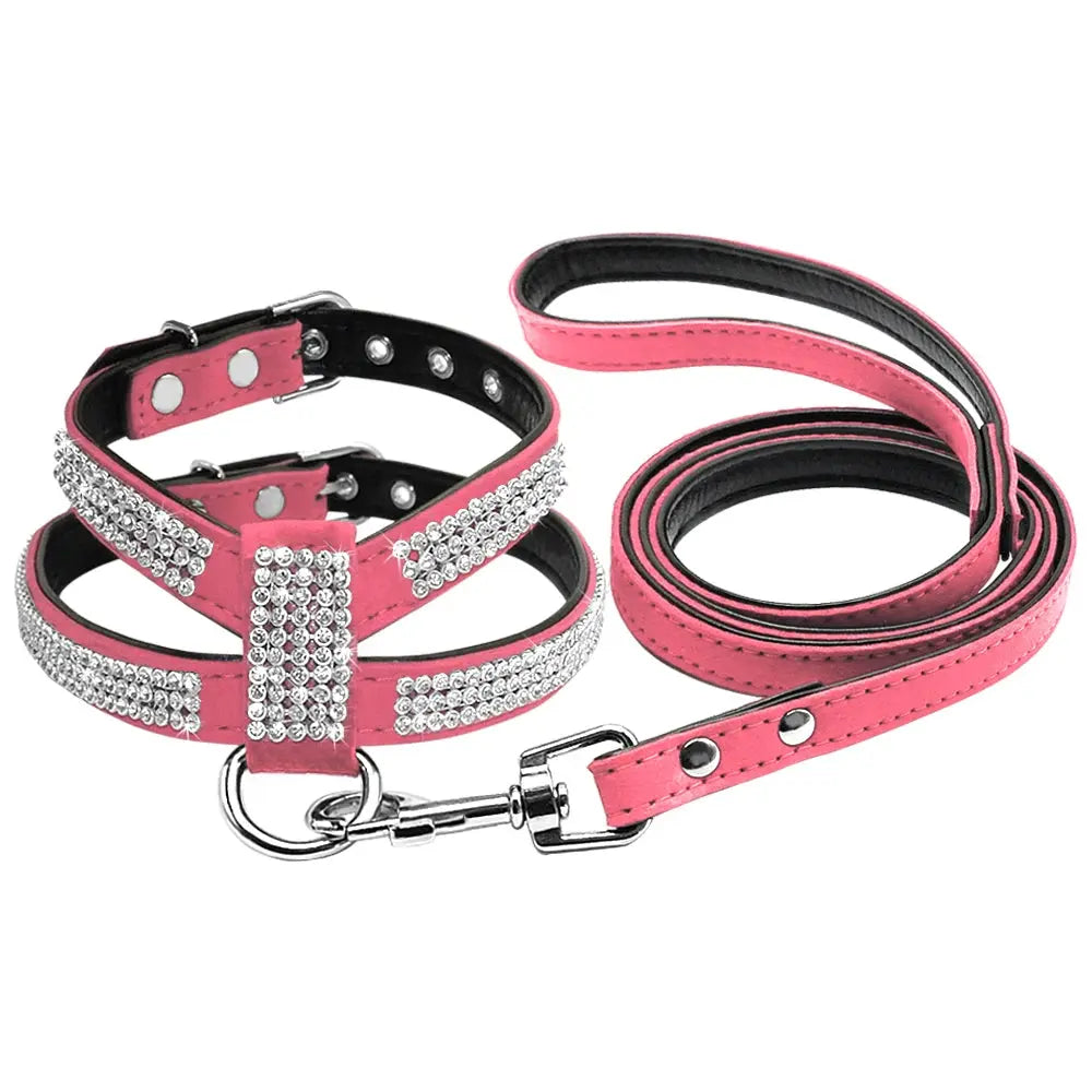 Didog Small Dog Harness And Leash set Suede Leather Rhinestone Pet Harnesses and Walking Leads For Small Medium Dogs Chihuahua - Trusted Pet Products