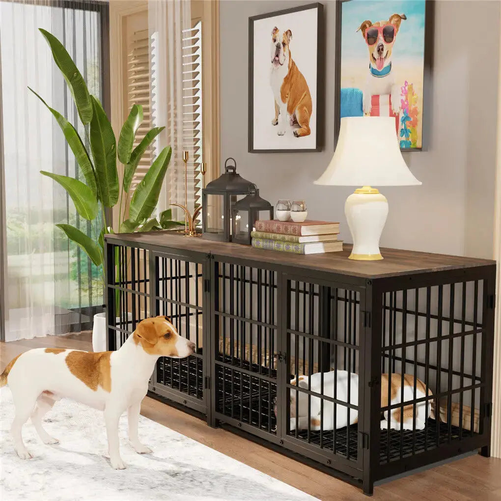 Heavy Duty Metal and Wooden Dog Kennel End Table Furniture Style Pet Cage with Three Doors and Removable Tray Trusted Pet Products