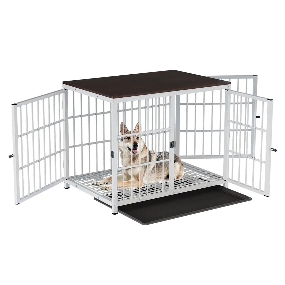 Heavy Duty Metal and Wooden Dog Kennel End Table Furniture Style Pet Cage with Three Doors and Removable Tray - Trusted Pet Products