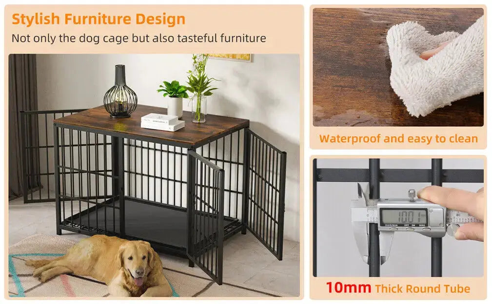 Heavy Duty Metal and Wooden Dog Kennel End Table Furniture Style Pet Cage with Three Doors and Removable Tray Trusted Pet Products