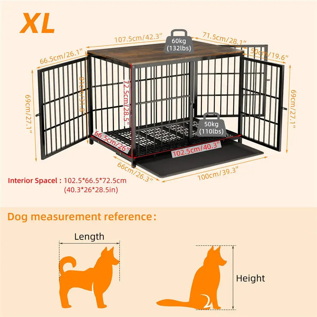 Heavy Duty Metal and Wooden Dog Kennel End Table Furniture Style Pet Cage with Three Doors and Removable Tray Trusted Pet Products