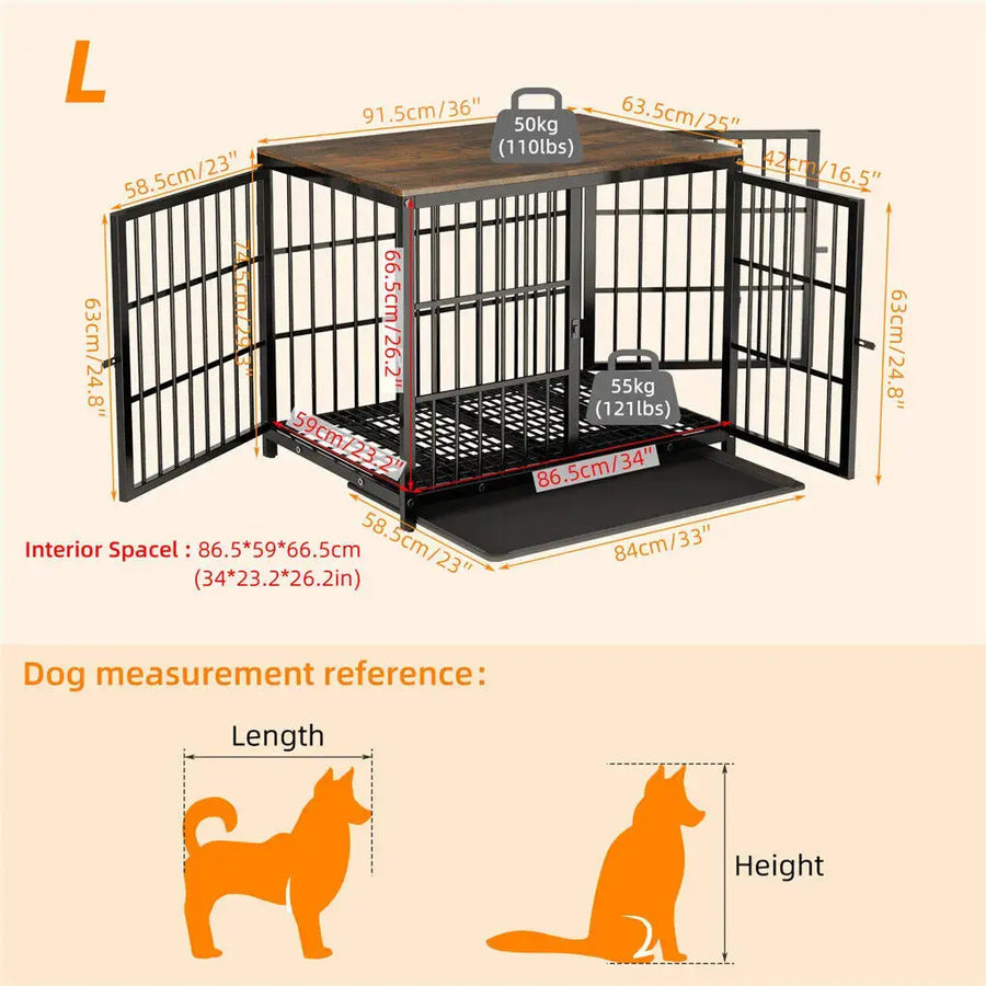 Heavy Duty Metal and Wooden Dog Kennel End Table Furniture Style Pet Cage with Three Doors and Removable Tray Trusted Pet Products