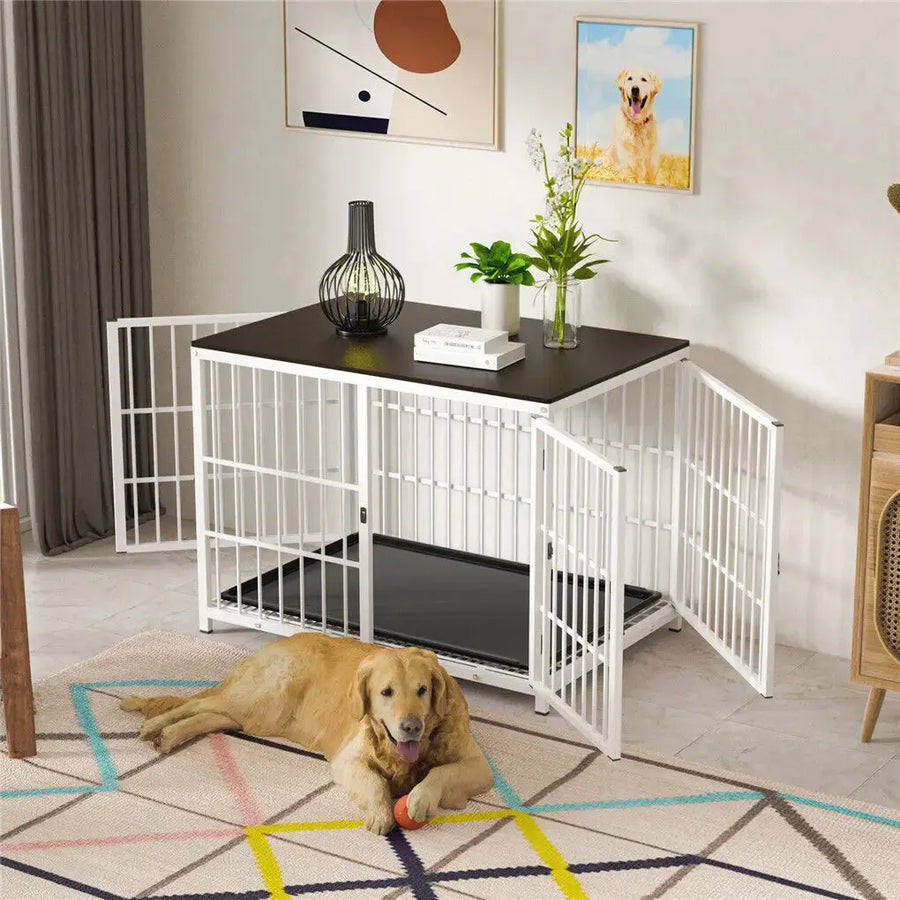 Heavy Duty Metal and Wooden Dog Kennel End Table Furniture Style Pet Cage with Three Doors and Removable Tray Trusted Pet Products