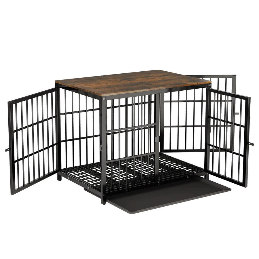 Heavy Duty Metal and Wooden Dog Kennel End Table Furniture Style Pet Cage with Three Doors and Removable Tray - Trusted Pet Products