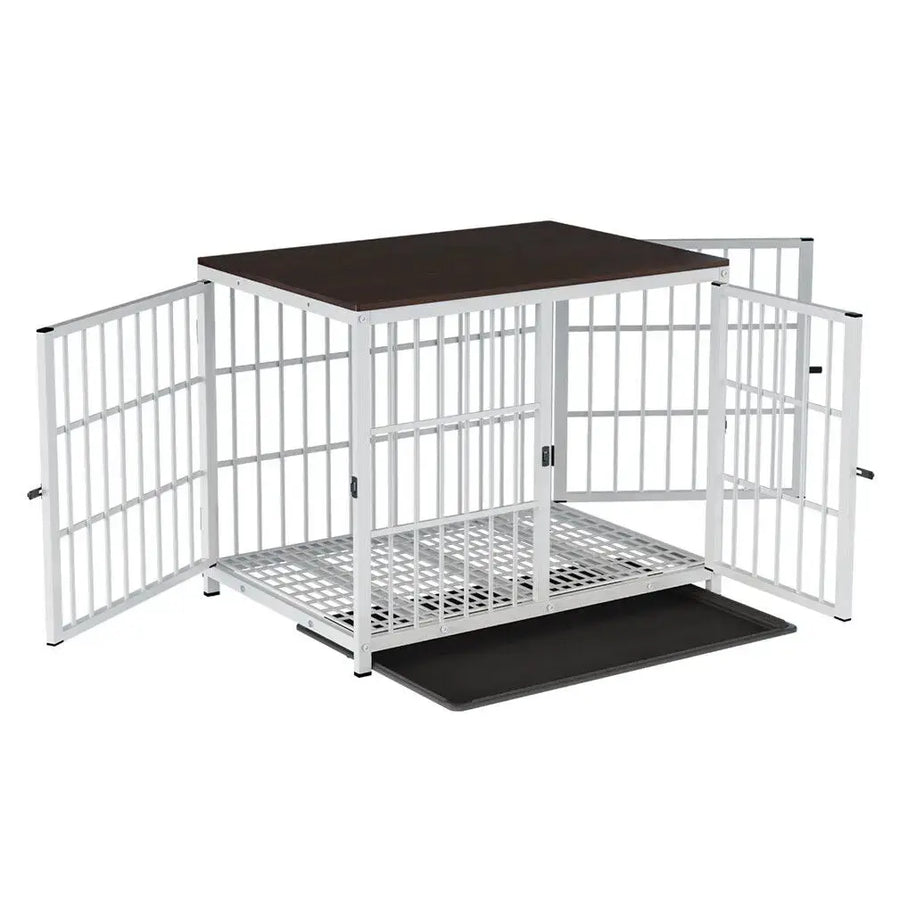 Heavy Duty Metal and Wooden Dog Kennel End Table Furniture Style Pet Cage with Three Doors and Removable Tray Trusted Pet Products