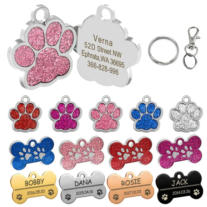 Personalized Dog Tags Engraved Cat Puppy Pet ID Name Collar Tag Pendant Pet Accessories Bone/Paw Glitter - Trusted Pet Products