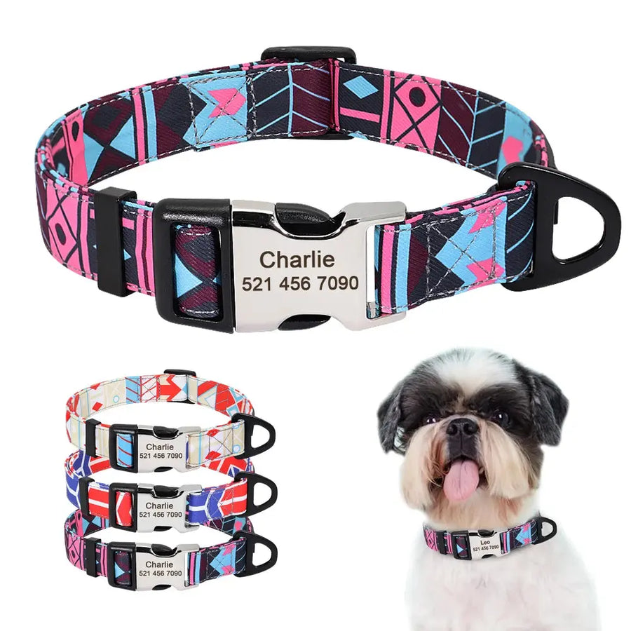 Personalized Engraved Name Large Dog Collar with Cute Print Trusted Pet Products