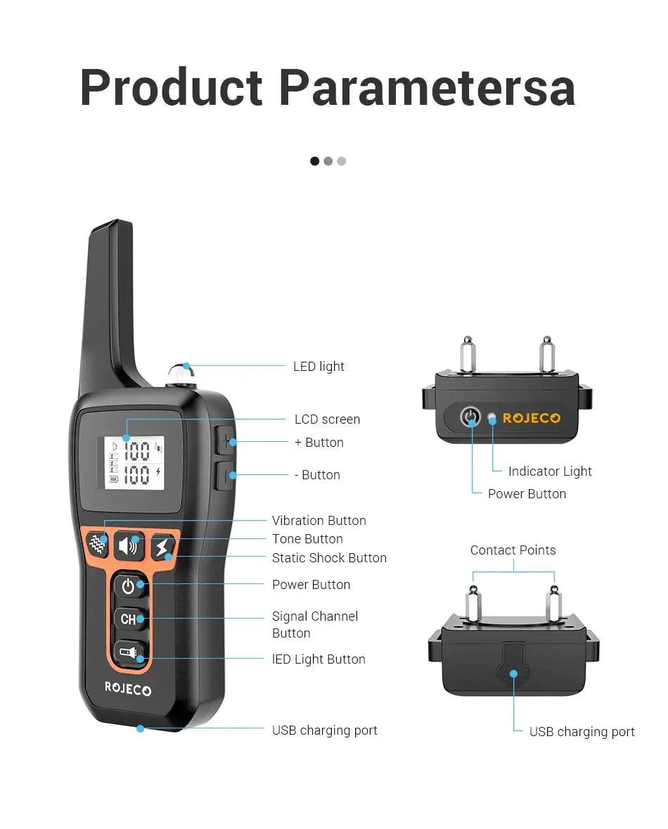 ROJECO 1000m Electric Dog Training Collar Remote Control Training Collar For Pet Rechargeable Dog Bark Control Stop Shock Collar - Trusted Pet Products