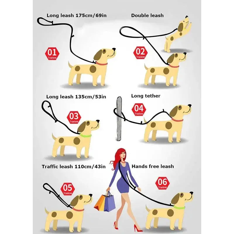 Truelove 7 In 1 Multi-Function Adjustable Dog Lead Hand Free Pet Training Leash Reflective Multi-Purpose Dog Leash Walk 2 Dogs - Trusted Pet Products